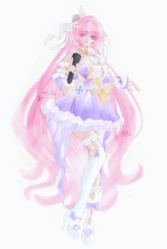 Rule 34 | 1girl, absurdres, alternate costume, bare shoulders, breasts, diamond-shaped pupils, diamond (shape), dress, elf, elysia (herrscher of human: ego) (honkai impact), elysia (honkai impact), frilled thigh strap, full body, hair ornament, high heels, highres, holding, holding microphone, honkai (series), honkai impact 3rd, large breasts, long hair, looking at viewer, microphone, multicolored hair, pink hair, pointy ears, purple dress, purple eyes, simple background, smile, solo, symbol-shaped pupils, thigh strap, thighhighs, triquetra, two-tone hair, very long hair, white background, white hair, white thighhighs, yu diandian