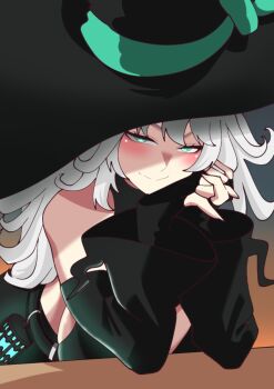 1girl aqua_eyes binsake6969 black_dress black_hat black_sleeves blush breasts closed_mouth commentary curly_hair detached_sleeves dress english_commentary grey_hair hat highres indie_virtual_youtuber large_breasts looking_at_viewer smile solo virtual_youtuber witch_hat zentreya zentreya_(witch)