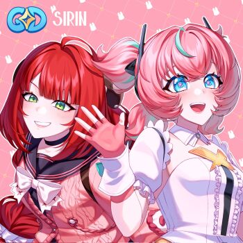 +_+ 2girls aria_(human)_(zenless_zone_zero) aria_(zenless_zone_zero) artist_name black_choker blue_eyes blush bow cardigan chest_bow choker detached_sleeves dress fingerless_gloves gloves green_eyes hair_ornament highres long_hair looking_at_viewer multicolored_hair multiple_girls open_mouth pink_background pink_cardigan pink_gloves pink_hair rabbit red_hair sirin_(sirinshome) smile streaked_hair teeth ukinami_yuzuha waving white_dress zenless_zone_zero
