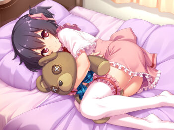 1girl amamiya_akari_(honto_no_kimochi) black_hair closed_mouth commentary_request deku_(dekunosu) hair_ribbon highres honto_no_kimochi hugging_object looking_at_viewer lying no_shirt on_bed on_side pillow pink_eyes pink_ribbon pink_skirt ribbon second-party_source shirt skirt smile solo stuffed_animal stuffed_toy teddy_bear thighhighs white_shirt white_thighhighs