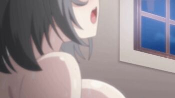 2023 20s animated animated_gif anime_screenshot blush bob_cut bouncing_breasts breasts grey_hair large_breasts lowres magical_mojikawa majo_wa_kekkyoku_sono_kyaku_to..._the_animation night night_sky open_mouth sky spying sweat tagme window witch