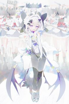 1girl 6+girls absurdres ahoge black_hair black_halo blue_archive blush bm_tol breasts commentary_request demon_girl demon_horns demon_wings halo highres hina_(blue_archive) horns long_hair looking_at_viewer low_wings magical_girl multiple_girls purple_eyes skirt small_breasts standing white_hair wings