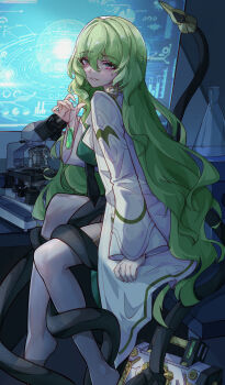 1girl 2569659838 absurdres black_necktie breasts chinese_commentary coat commentary_request earrings green_eyes green_hair green_shirt hair_between_eyes highres holding holding_test_tube holographic_monitor honkai_(series) honkai_impact_3rd indoors jewelry laboratory large_breasts large_variant_set long_hair mechanical_tentacles microscope mobius_(honkai_impact) mobius_(pre-surgery)_(honkai_impact) multicolored_eyes necktie parted_lips pink_eyes shirt sitting slit_pupils solo suitcase test_tube thighhighs two-tone_eyes variant_set very_long_hair white_coat white_thighhighs