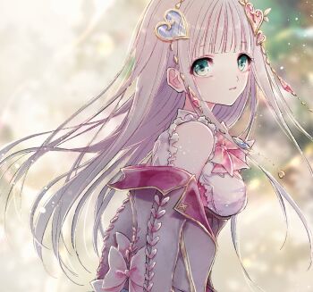 Rule 34 | 1girl, atelier (series), atelier lulua, bare shoulders, blunt bangs, blurry, blurry background, bow, ebi (shrimp0905), elmerulia frixell, from side, green eyes, grey hair, hair ornament, heart, heart hair ornament, jacket, long hair, long sleeves, looking at viewer, looking back, off shoulder, pink bow, pink jacket, protected link, solo, upper body