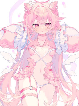 1girl absurdly_long_hair borrowed_character breasts collarbone commission cone_hair_bun cowboy_shot crossed_bangs double-parted_bangs double_bun gluteal_fold hair_bun hair_flaps hair_horns hair_ornament half-closed_eyes halo hands_up heart heart_hair_ornament heart_o-ring highres komomo_(2899) light_blush long_hair long_sleeves looking_ahead looking_at_viewer navel o-ring o-ring_thigh_strap original panties parted_lips pastel_colors pill pink_eyes pink_hair pink_halo pink_shrug pink_theme puffy_long_sleeves puffy_sleeves second-party_source shrug_(clothing) sideboob small_breasts solo straight-on thigh_strap underwear very_long_hair white_background white_panties x_hair_ornament