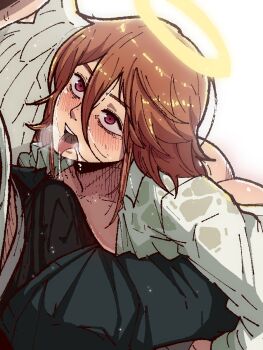 2boys angel_devil_(chainsaw_man) ass black_male_underwear blush bulge chainsaw_man collared_shirt commentary denim english_commentary erection erection_under_clothes from_below hair_between_eyes halo highres jeans long_hair looking_at_another male_focus male_underwear mark_gavatino multiple_boys open_fly pants red_eyes saliva shirt simple_background sweaty_clothes tongue tongue_out traditional_halo underwear white_background white_shirt white_wings wings yaoi