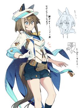 1girl animal_ears ascot belt black_shorts blue_cape blue_eyes blush breasts brown_hair cape cheval_grand_(grand_itineraire)_(umamusume) cheval_grand_(umamusume) closed_mouth ear_covers ears_through_headwear gloves hair_between_eyes hat hat_belt highres horse_ears horse_girl horse_tail jacket long_hair medium_breasts midriff_peek multicolored_hair navel peaked_cap renma_(renma_0503) shirt shorts single_glove streaked_hair sweatdrop tail umamusume white_hair white_hat white_jacket yellow_ascot