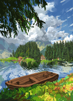 absurdres blue_sky boat building chinese_commentary cloud cloudy_sky commentary_request fir_tree forest highres lake landscape mountain mr.watermelor nature no_humans original outdoors reflection reflective_liquid scenery sky tree water watercraft