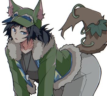 1boy alternate_costume animal_hat black_hair blue_eyes collarbone green_jacket grey_pants grey_shirt hat highres jacket kimetsu_no_yaiba leaning_forward long_hair low_ponytail male_focus nagaki_sngy open_mouth pants ponytail shirt simple_background solo spiked_hair tail tomioka_giyuu white_background