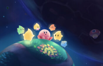 blue_eyes blush_stickers colored_skin crossover flower glowing highres holding kirby kirby_(series) luma_(mario) mario_(series) mushroom nintendo no_humans open_mouth path pink_skin planet red_footwear road shoes sitting smile space spacecraft star_(sky) star_bit super_mario_galaxy suyasuyabi