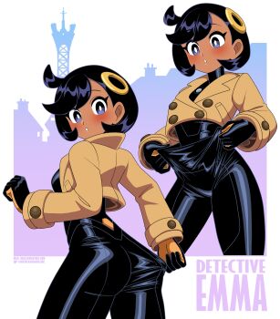 1girl absurdres ass black_bodysuit black_hair blue_eyes blush bodysuit bodysuit_pull bodysuit_under_clothes brown_jacket cropped_jacket curvy dark-skinned_female dark_skin emma_(pokemon) hair_ornament highres jacket looking_at_viewer multiple_views nico-neko nintendo parted_lips pokemon pokemon_legends:_z-a short_hair side_ahoge skin_tight wide_hips