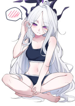1girl adjusting_hair ahoge alternate_costume bare_legs barefoot black_halo black_horns blue_archive blush breasts closed_mouth collarbone crossed_legs demon_girl demon_horns embarrassed hair_behind_ear half-closed_eyes halo hand_up highres hina_(blue_archive) hirekatsu-kan horns loli long_hair looking_at_viewer multiple_horns navel no_wings purple_eyes sidelocks simple_background sitting small_breasts solo spoken_blush sports_bra sports_panties sweatdrop thighs toenails very_long_hair white_background white_hair