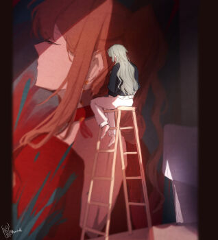 1girl bang_dream! barefoot black_shirt brown_hair closed_eyes commentary_request green_hair highres hikawa_sayo imai_lisa indoors ladder long_hair long_sleeves on_ladder painting_(object) pants rourinell shirt sitting solo twitter_username white_pants