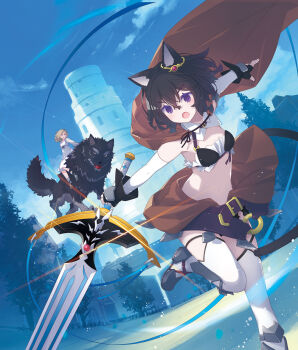 2girls animal_ears belt black_hair breasts cat_ears cat_girl cat_tail character_request cover cover_image cover_page ear_ornament fingerless_gloves fran_(tensei_shitara_ken_deshita) gloves holding holding_sword holding_weapon lens_flare midriff multiple_girls navel novel_cover official_art open_mouth outdoors purple_eyes ruroo shishou_(tensei_shitara_ken_deshita) small_breasts sword tail tensei_shitara_ken_deshita urushi_(tensei_shitara_ken_deshita) weapon wolf