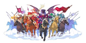 Rule 34 | 2girls, 4others, alternate costume, alternate headwear, ambiguous gender, armor, arrow (projectile), barding, bat wings, belt, blonde hair, blue hair, boots, bow (weapon), breastplate, brown dress, cape, chinese commentary, coat, collared shirt, commentary request, crystal, crystal wings, devilkillerx, drawing bow, dress, flandre scarlet, full armor, gloves, grin, hair between eyes, halberd, hat, helmet, highres, holding, holding arrow, holding bow (weapon), holding polearm, holding reins, holding sword, holding weapon, horseback riding, lace-up boots, long hair, military hat, military uniform, multicolored wings, multiple girls, multiple others, neck ribbon, necktie, one side up, open clothes, open coat, open mouth, polearm, purple boots, purple cape, purple dress, purple hat, red boots, red cape, red coat, red eyes, red hat, red necktie, red ribbon, red shirt, reins, remilia scarlet, ribbon, riding, saber (weapon), saddle, shirt, siblings, sisters, smile, spear, stirrups (riding), sword, thigh boots, touhou, two-sided cape, two-sided fabric, weapon, white gloves, wings