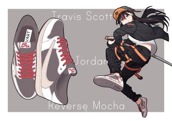 Rule 34 | 1girl, absurdres, air jordan, black hair, black jacket, black pants, border, casual, commentary request, floating hair, full body, grey background, grey eyes, grey hat, grey shoes, hair between eyes, hat, highres, holding, holding weapon, inago akira, jacket, jouhou, jumping, katana, long hair, long sleeves, looking at viewer, midriff peek, multicolored hair, nike (company), open clothes, open jacket, outside border, pants, red hair, sheath, shirt, shoes, simple background, sneakers, solo, streaked hair, sword, toji no miko, unsheathing, weapon, white border, white shirt