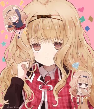 >_< 1girl arm_up artist_name ball blunt_bangs blush_stickers brown_eyes brown_hair capelet chibi closed_mouth club_(shape) commentary_request diamond_(shape) hano_luno heart highres holding holding_ball long_hair mashiro_rima notice_lines pink_background red_capelet school_uniform shugo_chara! solo spade_(shape) squiggle star_(symbol)