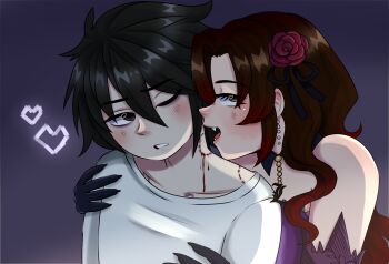 1boy 1girl bite_mark bite_mark_on_neck bite_mark_on_shoulder black_gloves commission commissioner_upload death_note dress earrings gloves hickey hickey_marks hickeys jewelry l_(death_note) l_lawliet lyraamst oc_x_canon pearl_earrings purple_dress shirt vampire white_shirt