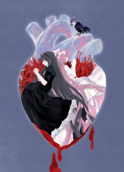 2girls absurdly_long_hair akemi_homura akemi_homura_(black_dress) animal back-to-back bare_arms bird black_capelet black_dress black_hair black_hairband blood blood_drip blue_background bow capelet closed_eyes dress flower frilled_dress frills full_body gloves gown hair_bow hairband hashtag-only_commentary heart_(organ) highres interlocked_fingers kaname_madoka ksline0930 lace lace-trimmed_dress lace_trim long_dress long_hair mahou_shoujo_madoka_magica mahou_shoujo_madoka_magica:_hangyaku_no_monogatari multiple_girls no_mouth own_hands_clasped own_hands_together pink_hair pleated_dress pleated_sleeves pointy_nose red_flower shirt shirt_under_dress short_sleeves simple_background spider_lily two_side_up ultimate_madoka very_long_hair white_bow white_dress white_gloves white_shirt