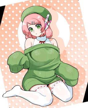 Rule 34 | 1girl, alternate costume, bare shoulders, beret, breasts, closed mouth, green eyes, green hat, green sweater, hair ornament, hairclip, hat, headphones, large breasts, medium hair, momone momo, pink background, pink hair, polka dot, polka dot background, red ribbon, ribbon, saruyama ushirou, shadow, sidelocks, sitting, sleeves past fingers, sleeves past wrists, small sweatdrop, solo, sweater, thighhighs, utau, wariza, white thighhighs