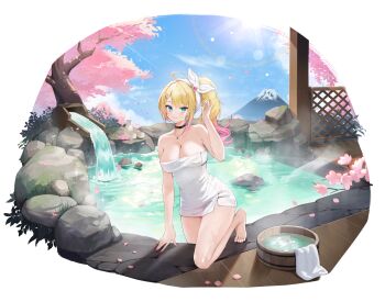 1girl ahoge arm_up black_choker blonde_hair breasts brooch bucket cherry_blossoms choker cleavage collarbone day feet fence game_cg gradient_hair green_eyes hair_ornament hairclip heart heart_brooch highres jewelry knee_up large_breasts long_hair looking_at_viewer mountainous_horizon multicolored_hair naked_towel necklace non-web_source official_alternate_costume onsen outdoors parallel_hairclips pink_hair pink_nails poker_fate rock saotome_kokoro saotome_kokoro_(brighter_than_snow) side_ponytail smile solo steam sunlight towel transparent_background water wet wooden_bucket wooden_fence