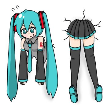 Rule 34 | 1girl, aqua eyes, aqua hair, aqua necktie, bare shoulders, black skirt, black sleeves, boots, detached sleeves, glory wall, hatsune miku, highres, long hair, multiple views, necktie, pleated skirt, shirt, skirt, sleeveless, sleeveless shirt, solo, stuck, thigh boots, through wall, twintails, vocaloid