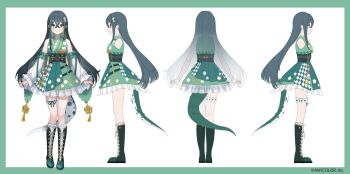 Rule 34 | 1girl, a-pose, artist request, bare shoulders, black corset, blush, boots, border, closed mouth, colored inner hair, copyright notice, corset, crossed bangs, detached sleeves, fish, floral print, floral print kimono, flower-shaped pupils, flower hairpin, flower knot, frilled skirt, frilled socks, frilled thigh strap, frills, from behind, from side, full body, green boots, green border, green eyes, green hair, green kimono, green ribbon, green tail, japanese clothes, kimono, kimono skirt, knee boots, kneehighs, lace-up boots, lizard tail, long hair, long sleeves, looking at viewer, multicolored hair, multiple views, nijisanji, o-ring strap, obiage, obijime, official art, outside border, print kimono, reference sheet, ribbon, skirt, smile, socks, solo, standing, straight-on, symbol-shaped pupils, tail, tail under clothes, tassel, thigh strap, togawa nonoha, turnaround, virtual youtuber, white background, white sleeves