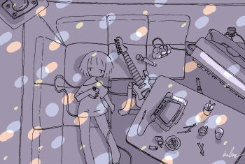 Rule 34 | 1girl, absurdres, ashtray, barefoot, commentary, couch, cup, electric guitar, from above, guitar, highres, holding, holding phone, indoors, instrument, kaduise, karaoke, karaoke box, lying, microphone, no pants, on back, on couch, original, phone, shirt, short hair, short sleeves, signature, single off shoulder, t-shirt, table