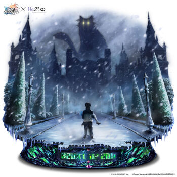 1girl 2boys black_hair blizzard blue_hair cat commentary dress english_commentary glowing glowing_eyes grey_cat hair_slicked_back highres jacket kneeling lamppost last_cloudia maid mansion monster multiple_boys natsuki_subaru official_art outdoors puck_(re:zero) re:zero_kara_hajimeru_isekai_seikatsu rem_(re:zero) road roswaal_mansion_maid_uniform second-party_source short_hair snow thighhighs track_jacket track_suit tree