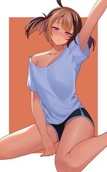 1girl absurdres ahoge alternate_costume arm_up bare_legs black_shorts blush breasts brown_hair cleavage collarbone dolphin_shorts expressionless gigi_murin half-closed_eyes hashtag-only_commentary head_tilt highres looking_at_viewer multicolored_hair neet_kun01 orange_background pink_eyes shirt short_hair short_shorts short_sleeves short_twintails shorts simple_background single_bare_shoulder single_off_shoulder sitting small_breasts solo tan thighhighs twintails two-tone_hair wariza white_background white_shirt