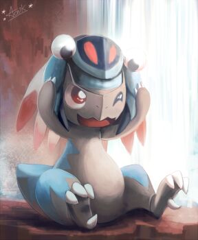 Rule 34 | anorith, aonik, bright pupils, commentary, cranidos, english commentary, full body, gen 3 pokemon, gen 4 pokemon, nintendo, no humans, nostrils, on head, one eye closed, open mouth, pokemon, pokemon (creature), pokemon focus, pokemon on head, red eyes, signature, sitting, smile, water, waterfall, white pupils