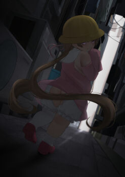 1girl alley asymmetrical_legwear backlighting bare_shoulders bloomers brown_hair closed_mouth commentary_request crotchless crotchless_bloomers dark_alleyway detached_sleeves dress from_behind full_body hat highres long_hair long_sleeves looking_at_viewer looking_back ne_an_ito no_nose pink_dress pink_ribbon plump purple_eyes ribbon sleeveless sleeves_past_fingers sleeves_past_wrists solo standing thick_thighs thighhighs thighs tsukuyomi_ai twintails underwear very_long_hair voiceroid white_thighhighs yellow_hat