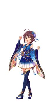 Rule 34 | 1girl, ahoge, brown hair, detached sleeves, flower, full body, hair flower, hair ornament, idol clothes, idolmaster, idolmaster cinderella girls, idolmaster cinderella girls starlight stage, japanese clothes, official art, one eye closed, open mouth, red eyes, sandals, solo, thighhighs, transparent background, wakiyama tamami