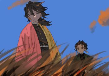 2boys belt black_hair black_jacket black_pants blue_eyes brown_hair buttons checkered_haori demon_slayer_uniform earrings giyu_ice gold_buttons hanafuda_earrings haori high_collar highres jacket japanese_clothes jewelry kamado_tanjirou kimetsu_no_yaiba long_hair low_ponytail male_focus multiple_boys pants ponytail print_haori red_haori short_hair spiked_hair tomioka_giyuu white_belt