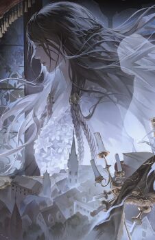 1girl architecture braid brown_hair candlestand cityscape closed_eyes dress elden_ring elden_ring_nightreign floating_hair fringe_trim gothic_architecture half_up_braid highres house kwiaty_k long_hair low_twin_braids revenant_(elden_ring) solo tree twin_braids upper_body white_dress