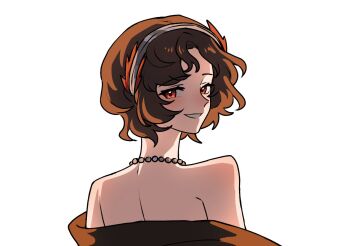 1girl bare_shoulders black_coat black_hair coat feather_hair_ornament feathers from_behind grin haihaiera hair_ornament hairband jewelry looking_back necklace off_shoulder pearl_necklace red_eyes red_feathers reverse:1999 schneider_(reverse:1999) short_hair simple_background smile turning_head upper_body white_background white_hairband