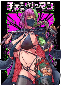 1girl absurdres android animal_ear_headphones animal_ears barbell_piercing bdsm bikini black_bikini black_choker black_jacket black_mask black_nails black_neckerchief bondage_outfit braid breasts cat_ears chainsaw_devil chainsaw_man choker covered_erect_nipples cyberpunk fake_animal_ears headphones heterochromia highres holding holding_whip jacket leg_tattoo long_sleeves makima_(chainsaw_man) mask mechanical_arms mouth_mask multicolored_hair navel neckerchief necktie nipple_piercing open_clothes original piercing robot_girl single_braid single_mechanical_arm skin_seams skyfantasystudios solo swimsuit tattoo two-tone_hair whip