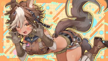 1girl absurdres ahoge american_flag animal_ears arm_pouch ayame_(3103942) belt belt_pouch boots breast_pocket breasts brown_eyes brown_gloves brown_hair brown_shorts carrot_pin carrot_print cropped_jacket flag_pin food_print gloves highres horse_ears horse_girl horse_tail indie_virtual_youtuber layered_gloves midriff multicolored_hair open_mouth pocket pouch shorts smile solo star_(symbol) star_in_eye star_pin symbol_in_eye tail thighhighs tomoe_umari tomoe_umari_(umari_3.0) virtual_youtuber white_hair