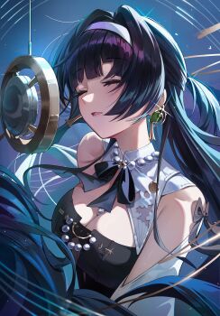 1girl absurdres astra_yao astra_yao_(chandelier) black_dress black_hair breasts closed_eyes commentary dress earrings hair_intakes hairband highres jewelry large_breasts long_hair luz0207 microphone music official_alternate_costume singing solo upper_body very_long_hair white_hairband zenless_zone_zero