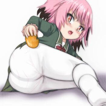 1girl angry ass blush bow bowtie brown_hair collarbone food fruit fur-trimmed_jacket fur_trim green_jacket green_skirt holding holding_food holding_orange jacket kagami_mochi kantai_collection kunashiri_(kancolle) loli long_sleeves looking_at_viewer lying multicolored_hair open_mouth orange_(fruit) panties panties_under_pantyhose pantyhose pink_eyes pink_hair red_bow red_bowtie school_uniform short_hair skirt t_jiroo_(ringofriend) two-tone_hair underwear white_background white_panties white_pantyhose