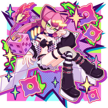 1girl artist_name boots bow breasts cleavage cosplay cube detached_sleeves dicemite_girl_chirori dicemite_girl_chirori_(cosplay) duel_monster green_eyes grin hair_bow highres hyeonin_gentora ki-sikil_(yu-gi-oh!) lit_fuse live_twin_ki-sikil long_sleeves looking_at_viewer medium_breasts navel revealing_clothes short_shorts shorts simple_background smile solo thighhighs yu-gi-oh! yu-gi-oh!_rush_duel