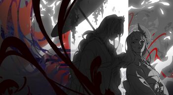 2girls abstract_background absurdres aina_(mayexplode) blunt_bangs braid commentary english_commentary from_side genshin_impact glowing hair_ornament highres holding holding_umbrella japanese_clothes kimono leaning_forward long_braid looking_down looking_to_the_side looking_up makoto_(genshin_impact) monochrome multiple_girls oil-paper_umbrella partially_colored raiden_shogun sash shade siblings single_braid sisters sitting sketch standing twins umbrella unfinished