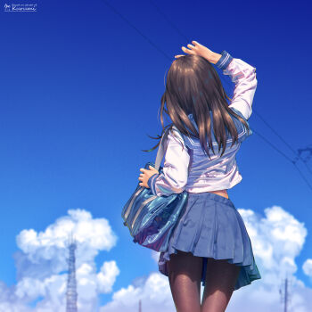 1girl a.x. absurdres arm_up artist_name bag blue_skirt blue_sky brown_hair cloud commentary_request dated english_text highres long_hair original outdoors pantyhose photo-referenced pleated_skirt school_uniform serafuku skirt sky solo