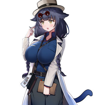 1girl absurdres animal_ears arknights arm_up between_breasts black_pants blue_shirt blush braid breasts chinese_commentary coat commentary cowboy_shot dishui_tangni eyewear_on_head green_eyes grey_hat hat highres holding jessica_(arknights) jessica_the_liberated_(arknights) jessica_the_liberated_(ride_to_davistown)_(arknights) large_breasts long_hair long_sleeves looking_ahead official_alternate_costume open_clothes open_coat open_mouth pants pointing pointing_at_self purple_hair round_eyewear shirt simple_background solo standing strap strap_between_breasts tail twin_braids white_background white_coat