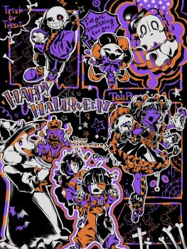 2girls 2others 3boys absurdres arthropod_girl asymmetrical_legwear bone cake chara_(undertale) dress english_text flower flowey_(undertale) food frisk_(undertale) g_c_hori ghost grin halloween_costume hand_in_pocket happy_halloween highres holding holding_cake holding_food holding_knife insect_girl jacket knife mismatched_legwear muffet multiple_boys multiple_girls multiple_others napstablook open_mouth partially_colored purple_eyes purple_ribbon ribbon sans_(undertale) shorts skeleton smile spider_girl tears teeth toriel trick_or_treat undertale utdr_(toby_fox) vest