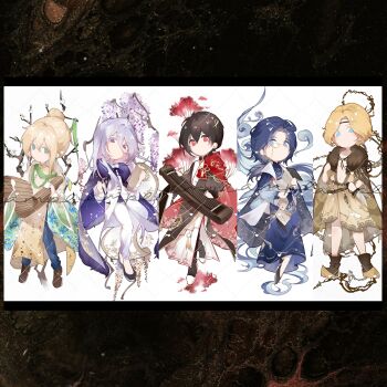 5boys absurdres alkaid_mcgrath animal_print ankle_boots arm_guards ayn_alwyn bamboo_print bamboo_slips bare_legs black_boots black_border black_cape black_hair black_hanfu black_headband black_robe black_shoes blonde_hair blue_eyes blue_hair blue_pants blue_robe book boots border branch brown_boots brown_cape brown_shoes butterfly_print cael_anselm calligraphy_brush cape changpao chinese_clothes chinese_commentary clarence_clayden coat column_lineup commentary_request curtained_hair dagger deformed flats floral_print_sleeves flower flower_knot full_body fur-trimmed_cape fur_trim gloves green_eyes green_ribbon green_scarf green_sleeves grey_hair guqin hair_between_eyes hair_bun hair_ornament hair_ribbon hair_stick hanfu headband highres holding holding_book holding_calligraphy_brush holding_dagger holding_instrument holding_knife holding_paintbrush holding_scroll holding_weapon instrument jade_(gemstone) knife lars_rorschach leaf_print letterboxed long_hair long_hair_between_eyes long_sleeves looking_at_viewer loosely_tucked_bangs lovebrush_chronicles low_ponytail male_focus mole mole_under_eye monocle multiple_boys no_mouth official_alternate_costume open_clothes open_coat open_robe paintbrush pants parted_bangs pointy_boots ponytail print_cape purple_cape purple_eyes purple_flower red_cape red_eyes red_flower reverse_grip ribbon ribbon_earrings robe sample_watermark sash scarf scroll shirt shoes short_hair side_cape side_slit sideways_glance simple_background single_hair_bun standing sweater_guard tangzhuang tassel tree two-sided_cape two-sided_fabric very_long_hair waist_sash wangulongdong water watermark watermark_grid weapon white_background white_coat white_flower white_gloves white_pants white_ribbon white_robe white_shirt wide_sleeves wisteria yaopei yellow_cape yellow_robe