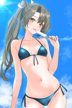 1girl absurdres bikini blue_bikini blue_sky cloud commentary_request cowboy_shot food front-tie_bikini_top front-tie_top gluteal_fold grey_hair highres kantai_collection long_hair nitamako_(sakamalh) ponytail popsicle side-tie_bikini_bottom sky solo standing swimsuit yellow_eyes zuikaku_(kancolle) zuikaku_(swimsuit)_(kancolle) zuikaku_kai_ni_(kancolle)
