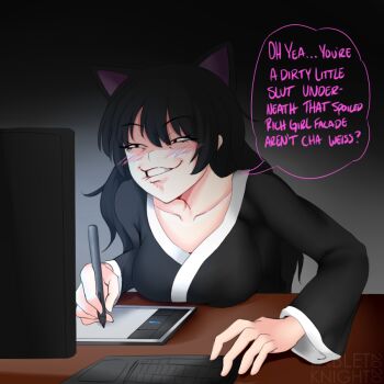 1girl animal_ears barefoot bedroom black_hair black_kimono black_yukata blake_belladonna blush breast_rest breasts cat_ears cat_girl cleavage clenched_teeth collarbone computer dark_background desk english_text evil_grin evil_smile eyelashes eyeshadow faunus_(rwby) feet female_focus female_pervert fingernails grin half-closed_eyes holding holding_pen indoors japanese_clothes kimono leaning_forward lip_biting long_hair looking_at_another makeup medium_breasts neck night no_bra out_of_character pen pervert rooster_teeth rooster_teeth rwby side_bangs sitting smile tablet tabletknight talking teeth toes traditional_clothes yellow_eyes yukata