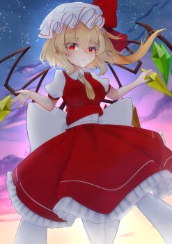 1girl absurdres alternate_breast_size_(larger) ascot blonde_hair cowboy_shot crystal crystal_wings embodiment_of_scarlet_devil flandre_scarlet hair_between_eyes hat hat_ribbon highres looking_at_viewer mob_cap night puffy_short_sleeves puffy_sleeves red_eyes red_skirt red_vest ribbon shirt short_hair short_sleeves side_ponytail skirt skirt_set sky solo standing star_(sky) starry_sky touhou user_jwtz7387 vest wings yellow_ascot