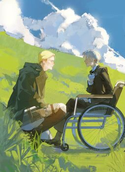 2boys absurdres bandaged_hand bandages black_shoes blonde_hair blue_sky boots brown_boots cloak cloud commentary_request erwin_smith from_side grasslands green_cloak hand_on_own_chest highres implied_death levi_(shingeki_no_kyojin) li_2_cun looking_at_another male_focus multiple_boys old old_man on_one_knee outdoors pants shingeki_no_kyojin shoes short_hair sky spoilers three-dimensional_maneuver_gear wheelchair white_hair white_pants